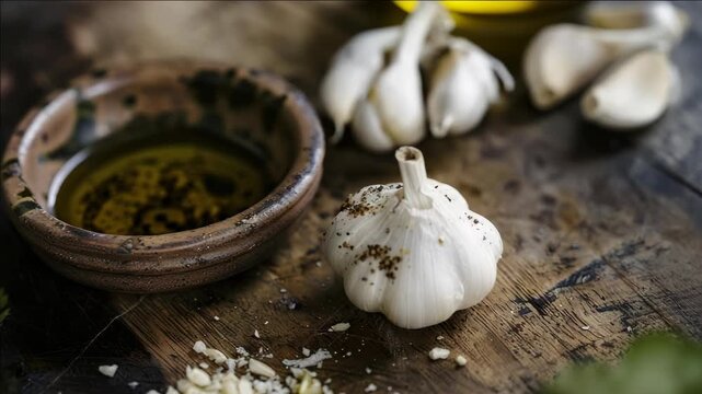 A close-up shot of peeled garlic cloves in a wooden bowl with olive oil and fresh herbs nearby on a rustic kitchen table.