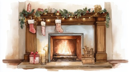 A cozy Christmas fireplace adorned with stockings and festive decorations, radiating warmth and holiday spirit.