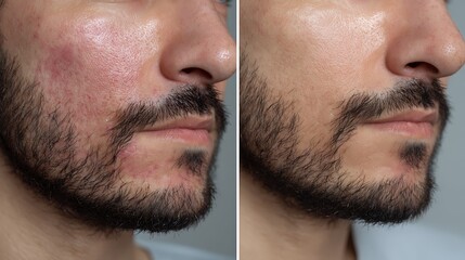Obraz premium before-after redness after daily shaving, inflamed men skin vs even tone