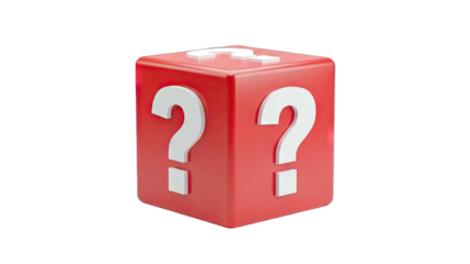 Red Cube with Question Marks on White Background