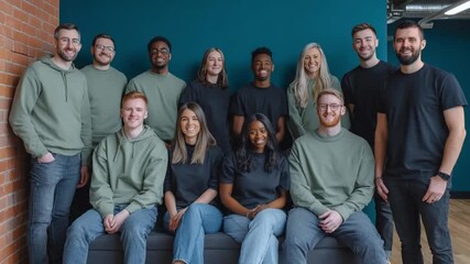 Diverse Team Portrait: A cohesive and diverse group of individuals poses together, radiating a sense of unity and professional camaraderie. Capturing the spirit of teamwork and shared purpose. 