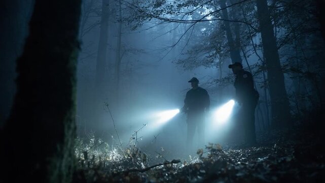 Navigating the Shadows: Two individuals, illuminated by powerful flashlights, delve into the depths of a dense, mysterious forest under a misty shroud. 