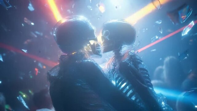 Dancing Skeletons in Neon Light: A haunting dance of skeletons in a vibrant neon-lit environment, showcasing a unique and captivating visual narrative.