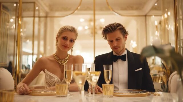 Elegant Dinner Rendezvous: A glamorous couple, adorned in refined attire, shares an intimate moment at a restaurant table. Surrounded by opulent decor, they enjoy a toast with champagne.