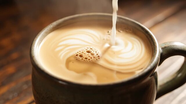 Milk being poured into coffee cup