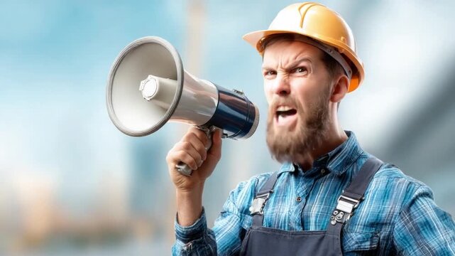 Construction worker with megaphone: A construction worker in a hard hat fervently projects his voice through a megaphone, capturing the essence of commanding presence and conveying important messages.