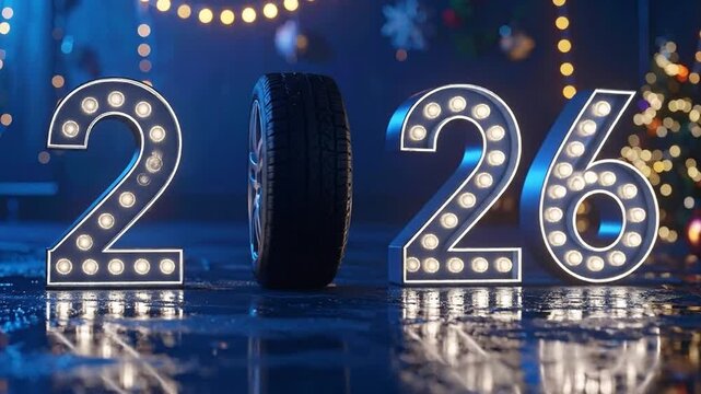 Illuminated 2026 numbers with a car tire, suggesting a new year of automotive travel and celebration