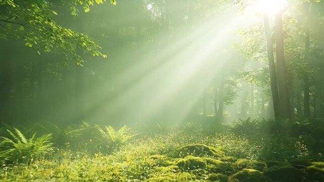 Sunbeams pierce lush green forest floor with illuminating moss and ferns.
