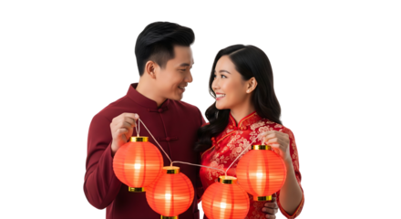 A loving couple looking at each other holding beautiful red lanterns, isolated on transparent background