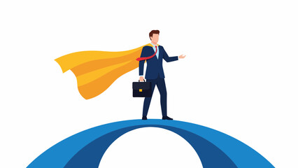 Obraz premium Confident Business Superhero with Cape Standing on Blue Arch.