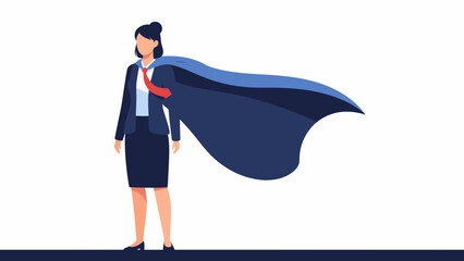 Confident businesswoman with blue cape in superhero pose.