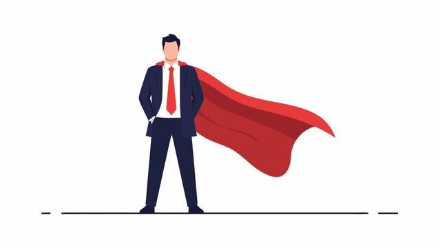 Businessman superhero with red cape standing confidently.