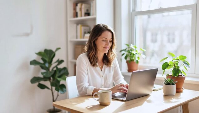 Smiling Woman Working on Laptop in Bright Home Office with Plants