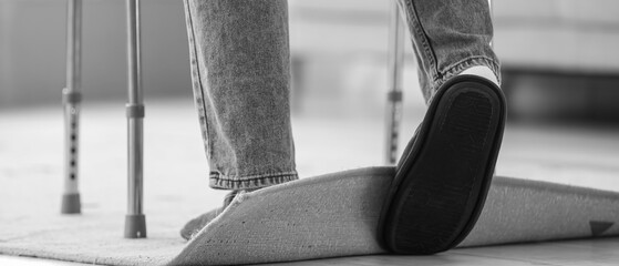 Senior man with walker tripping over carpet at home, back view