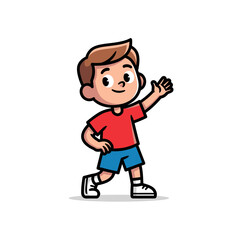 Cartoon illustration of a cheerful young boy happily waving with a friendly gesture
