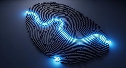 A digital fingerprint maze with a glowing blue line traversing its intricate path, symbolizing secure data flow, biometric authentication, and individual identity in a technological landscape.