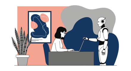 Human and robot collaboration in modern office. Flat vector illustration of woman working on laptop with AI robot assistant, future of work concept.