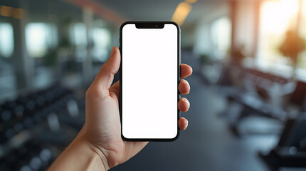 Hand holding a smartphone with blank screen and digital device in use