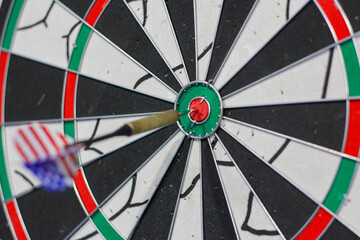 A dartboard with a dart stuck in the bullseye.&nbsp;