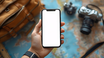 Hand holding smartphone with blank screen digital communication device