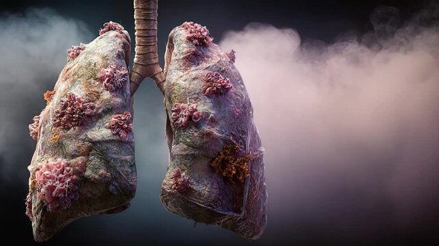 Disease Manifestation: An anatomical representation of diseased lungs shrouded in atmospheric haze, symbolizing the devastating impact of health issues.