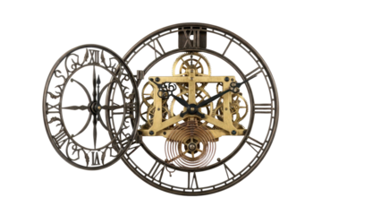 Large decorative wall clock with open face and metal gears isolated on white background