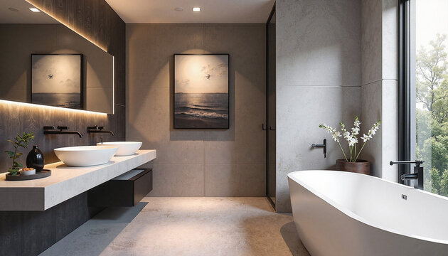 Modern bathroom interior with dual sinks and natural light   - Powered by Adobe