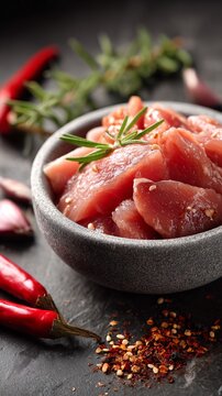 Fresh, raw meat chunks are beautifully arranged in a rustic bowl surrounded by vibrant red chili peppers and aromatic herbs, perfect for culinary designs and recipes.