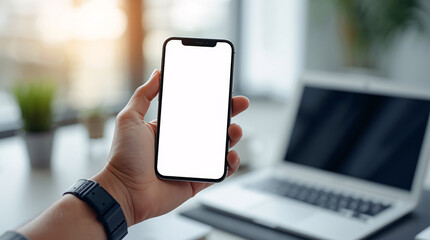 Digital Connectivity: A person hand with watch skillfully holds a modern smartphone, showcasing its sleek design, the device suggesting the seamless integration of technology into daily life.
