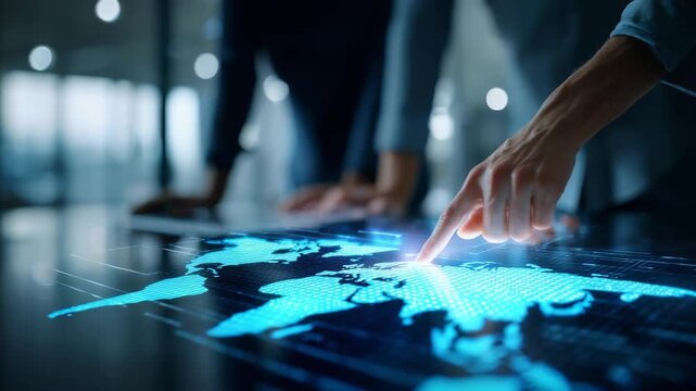 Business professionals analyze a digital world map interface in a modern office, focusing on global strategy and innovation. Futuristic technology drives international decision making