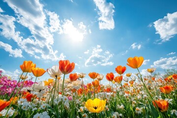 Naklejka premium A vibrant field of tulips and other colorful flowers under a clear blue sky with fluffy white clouds. The sun shines brightly, casting a warm glow on the scene.
