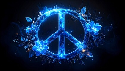 A glowing blue peace symbol encircled by flowers and leaves against a dark backdrop