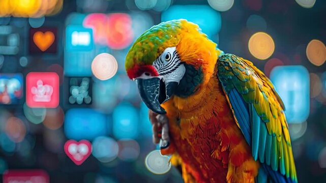 Close-up of a vibrant macaw parrot against a bokeh background with glowing digital icons