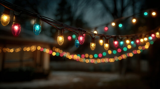 Colorful string lights hanging outdoors during twilight or evening. - Powered by Adobe