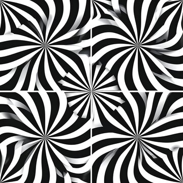 Optical illusion graphic composed of four squares. Each features a spiral design with black and white radiating stripes