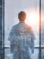 The view from behind the doctor, fused with the hospital window, conveys a sense of responsibility and mission.