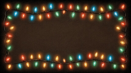 Colorful Christmas string lights on a dark background forming a rectangular frame.