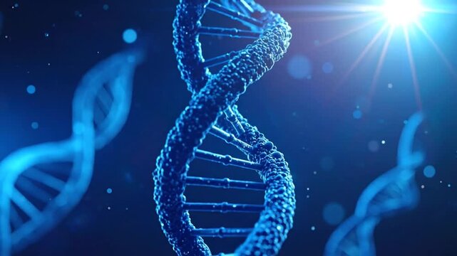 A detailed digital illustration of a DNA double helix structure with radiant light effects in a dark blue scientific environment from a close-up viewpoint.
