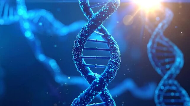 A detailed close-up of a DNA double helix structure with a glowing light effect in a blue scientific environment