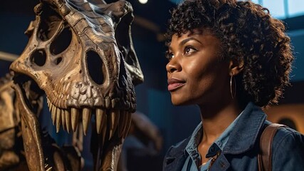 A curious woman examines a dinosaur skeleton in a museum, exploring ancient history and paleontology