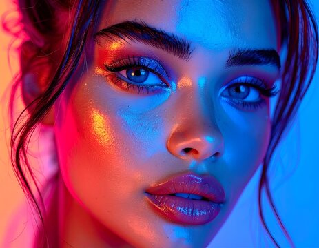 Close-up of a female model in blue light - Powered by Adobe