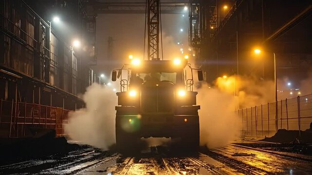 Heavy-duty industrial truck maneuvering through a dark, smoky, and gritty factory floor, illuminated by its headlights and overhead factory lights, creating a dramatic and powerful scene