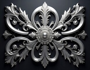 Ornate, symmetrical floral design with swirling leaves and a central circular element against a dark backdrop