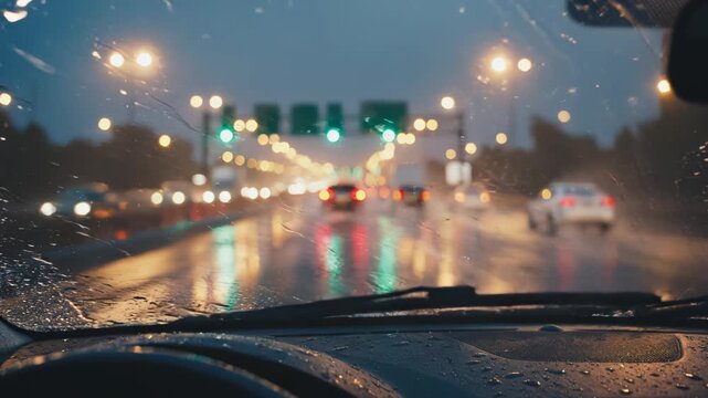 Raindrops on car windshield at night
