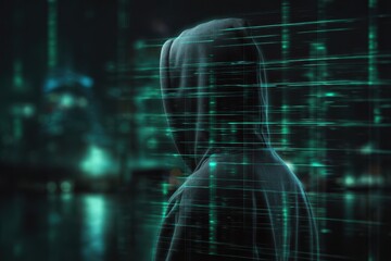 Dark figure in hoodie stands against a blurred cityscape with digital data streaming through the air