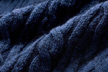 Dark blue knitted fabric with twisted patterns showing close-up details of texture and design in a warm setting