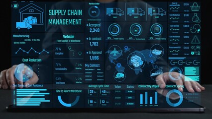 Explore a cutting-edge supply chain management interface emphasizing vehicle tracking, cost reduction, and warehouse analytics to optimize logistics processes effectively. Cipher