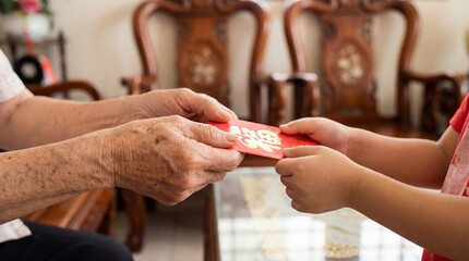 Obraz premium A meaningful moment of a grandmother giving a red lucky money envelope to a child during the traditional Lunar New Year
