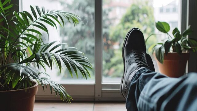 Relaxed perspective from inside a cozy home with feet up by a window, surrounded by lush green houseplants, enjoying a peaceful moment indoors on a quiet day