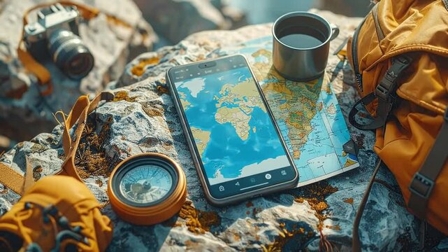 Adventure awaits Navigate the globe with a smartphone, map, compass, and camera, preparing for an exciting journey